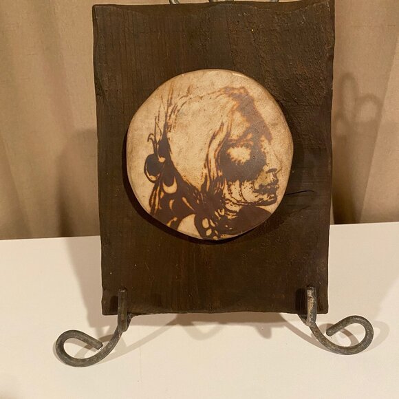 Native American Chief Ceramic on Rustic Wood Wall Art 10x8